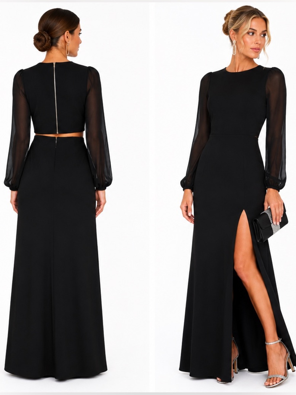 Lulu's Garden Bliss Black Cutout Long Sheer Sleeve Mermaid Slit Maxi Dress M